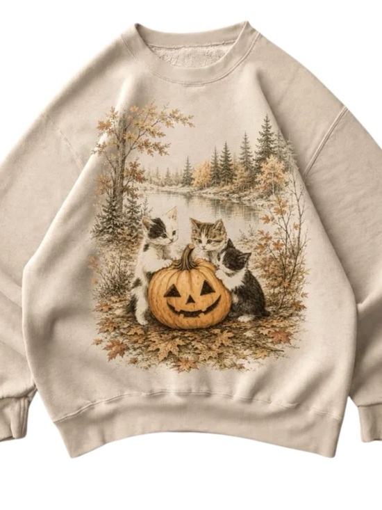 Gildan Tops - Gildan Sweatshirt with Kittens & Pumpkin Graphic